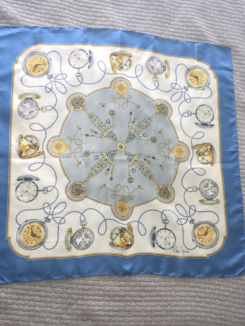Rolex Genève Silk Pocket Watch Print Scarf Blue Gold Vintage Equestrian Style